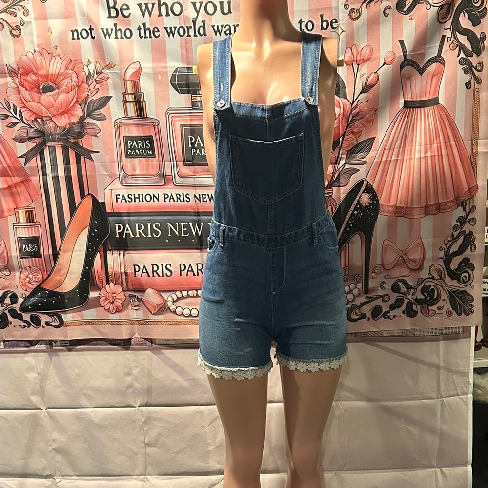 Place Blue Denim Women's Overalls with White Lace